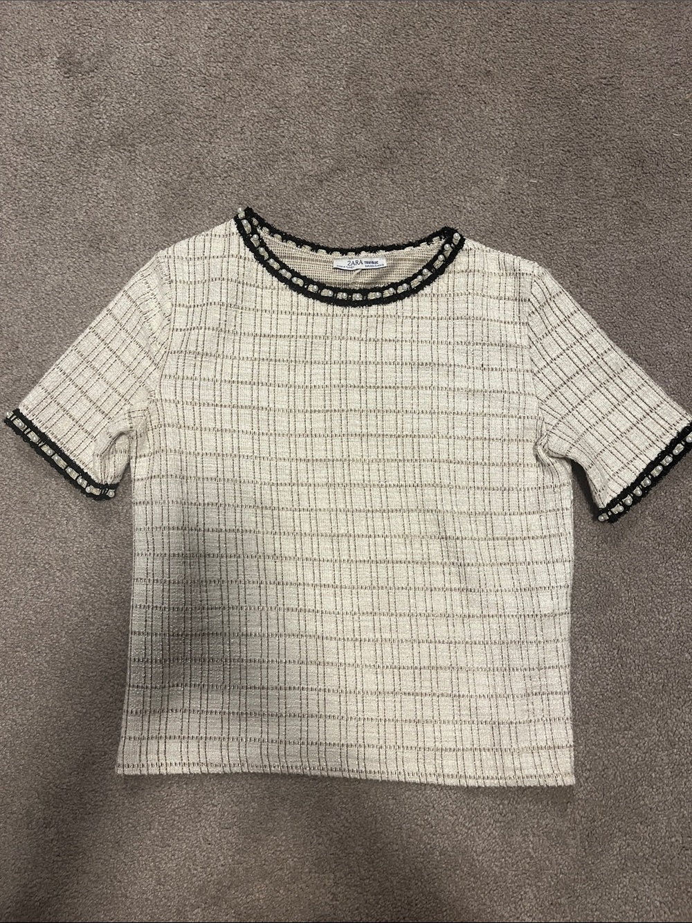 Zara Cream Tweed Short-Sleeve Top with Black Trim